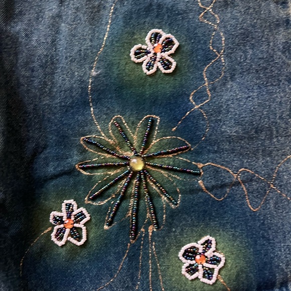 Blue Distressed Denim Cargo Pants Beaded Goddess Embroidery | Size 29 + Boho Y2K - Picture 4 of 9